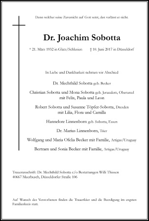 Traueranzeige der Familie f&uuml;r Joachim Sobotta