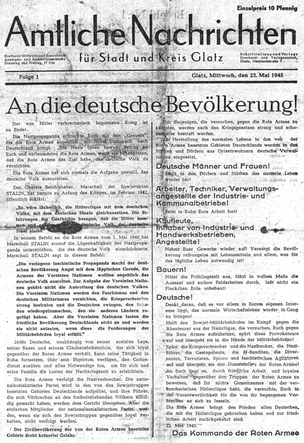 Amtliche Nachrichten vom 23. Mai 1945, Seite 1