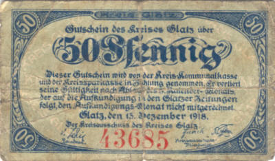 Notgeld 50 Pf. Glatz 1