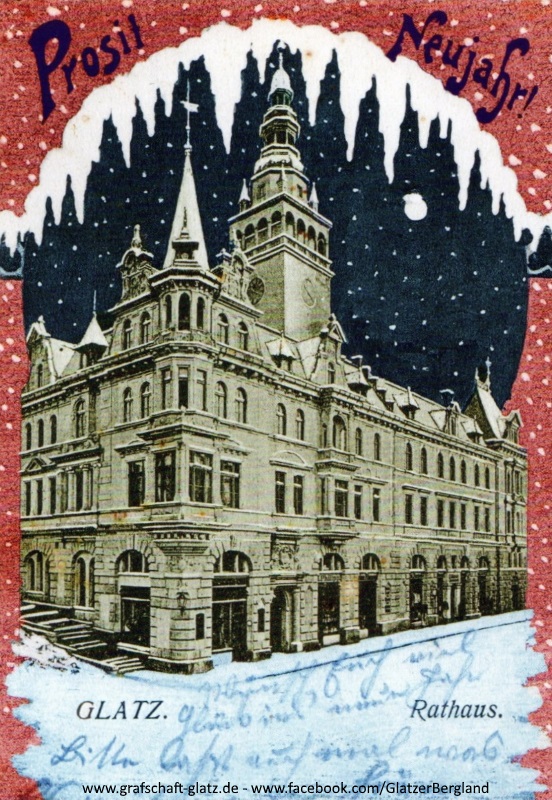 Glatz, Rathaus mit Neujahrsgr&uuml;&szlig;en